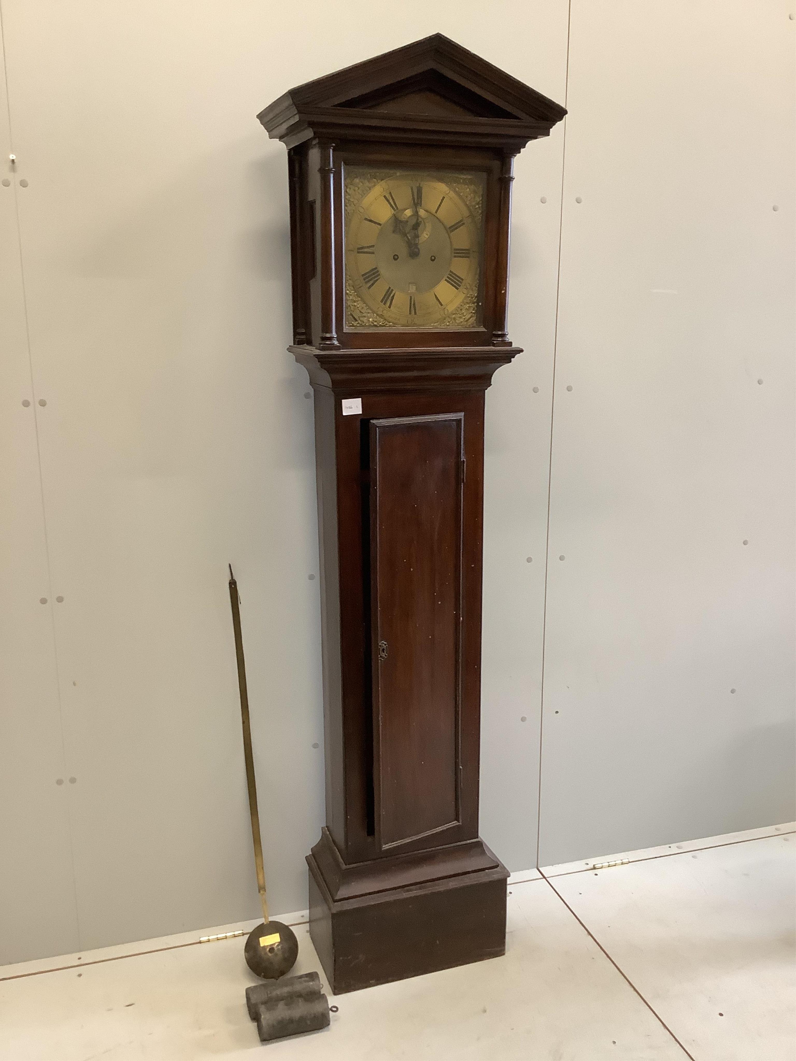 A George III style mahogany eight day longcase clock, marked John Worsfold, Dorking, height 199cm. Condition - fair